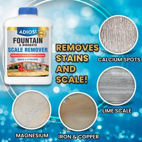 ADIOS! Birdbath Scale Remover cleans crusty deposits around a bird bath safely