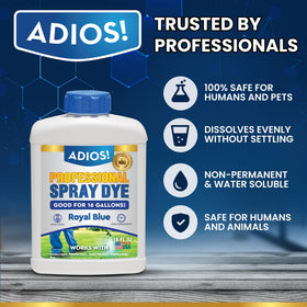 ADIOS! blue dye indicator on grass shows where spray has been applied.