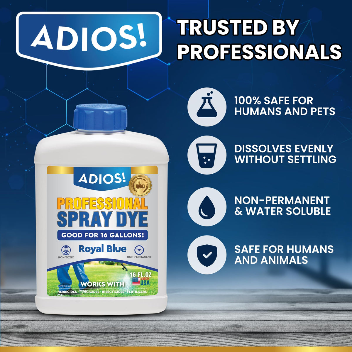 Blue spray dye shows coverage to improve spraying efficiency on lawns.