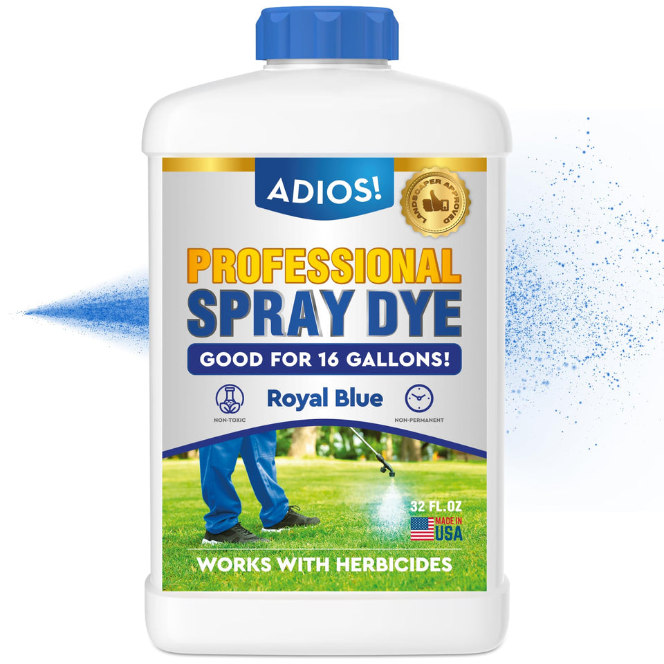 ADIOS! blue spray dye marker bottle used for precise lawn marking during application.