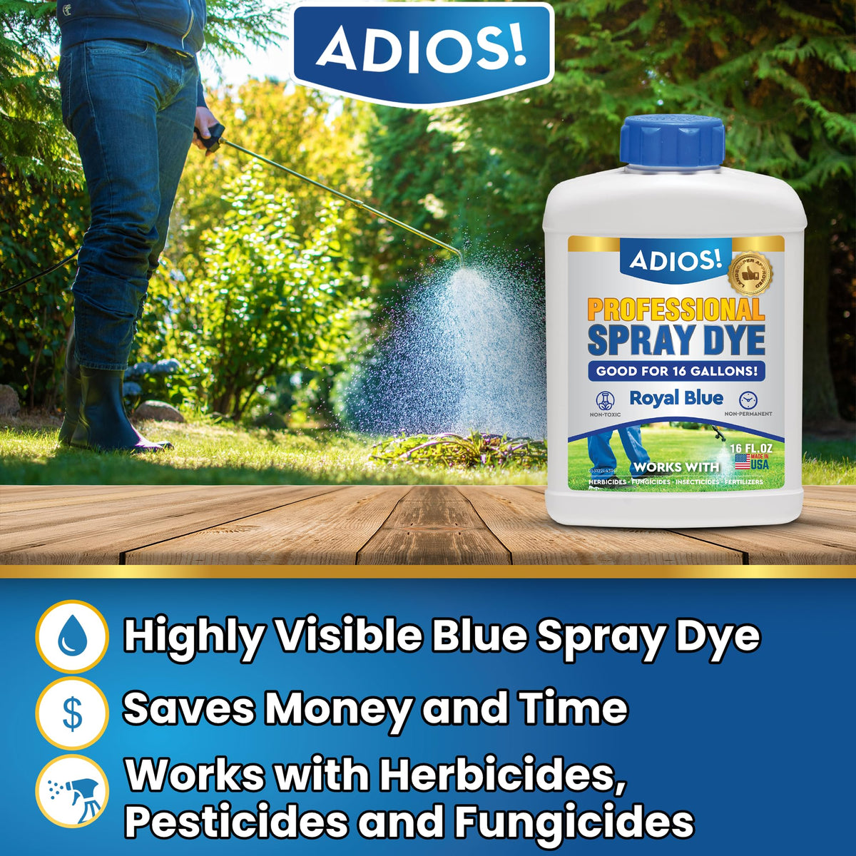 Visible bright blue dye on grass helps identify treated sections by professionals.