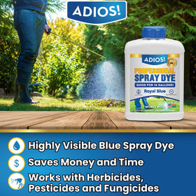 Visible bright blue dye on grass helps identify treated sections by professionals.
