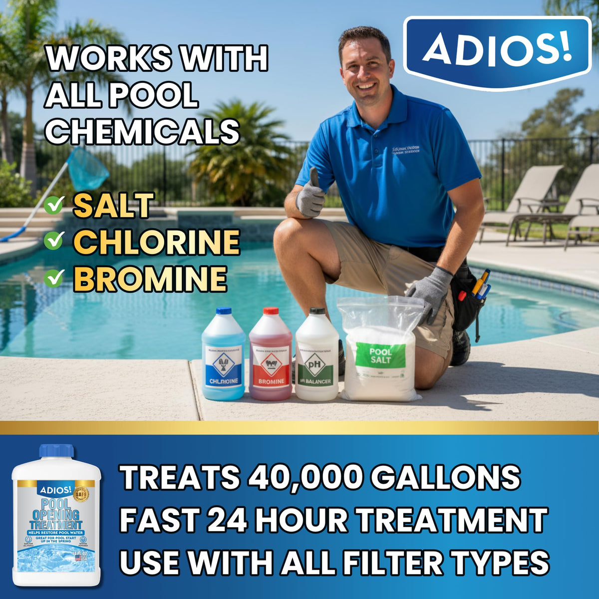 ADIOS! works with cartridge, DE, and sand filters for flexible use