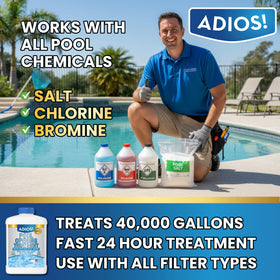 ADIOS! works with cartridge, DE, and sand filters for flexible use