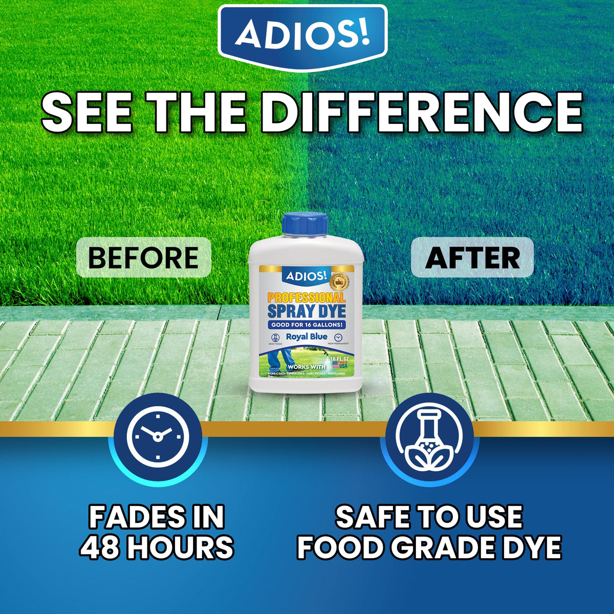 ADIOS! dye mixing bottle and measuring setup for safe dilution with lawn products.