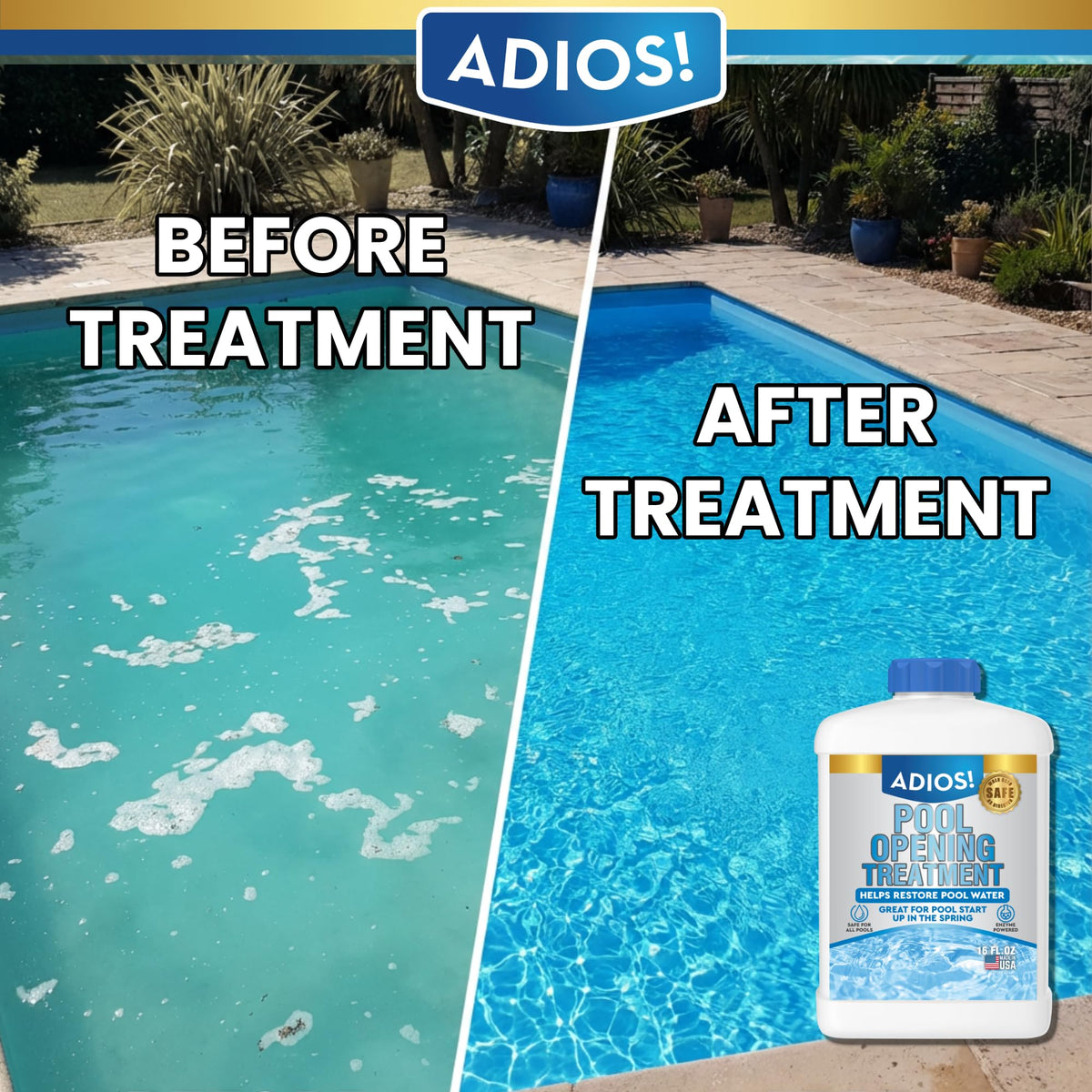 ADIOS! enzyme power helps clarify cloudy water during pool opening
