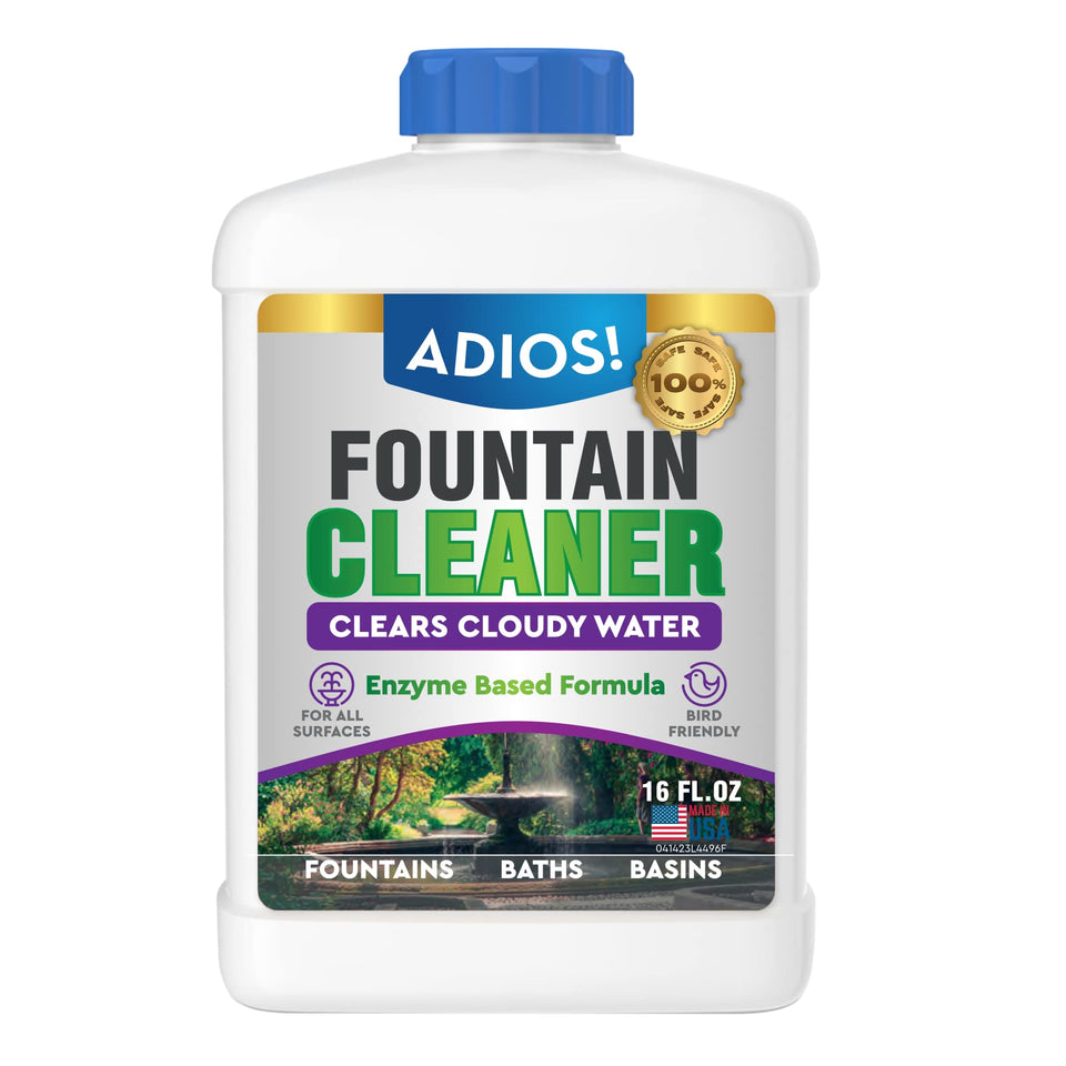 ADIOS Fountain Cleaner bottle shows a safe, effective formula for various fountain surfaces