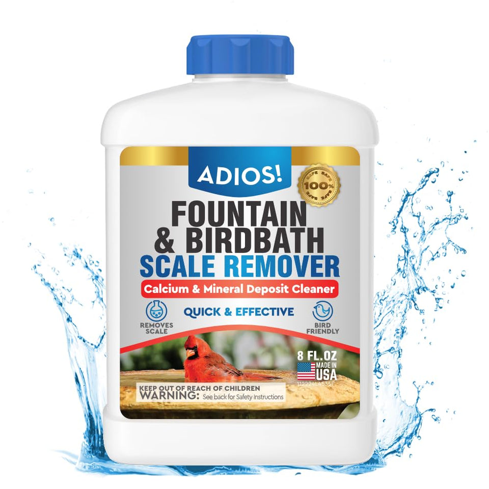 ADIOS! Fountain Scale Remover bottle safely cleans hard water scale from fountains.