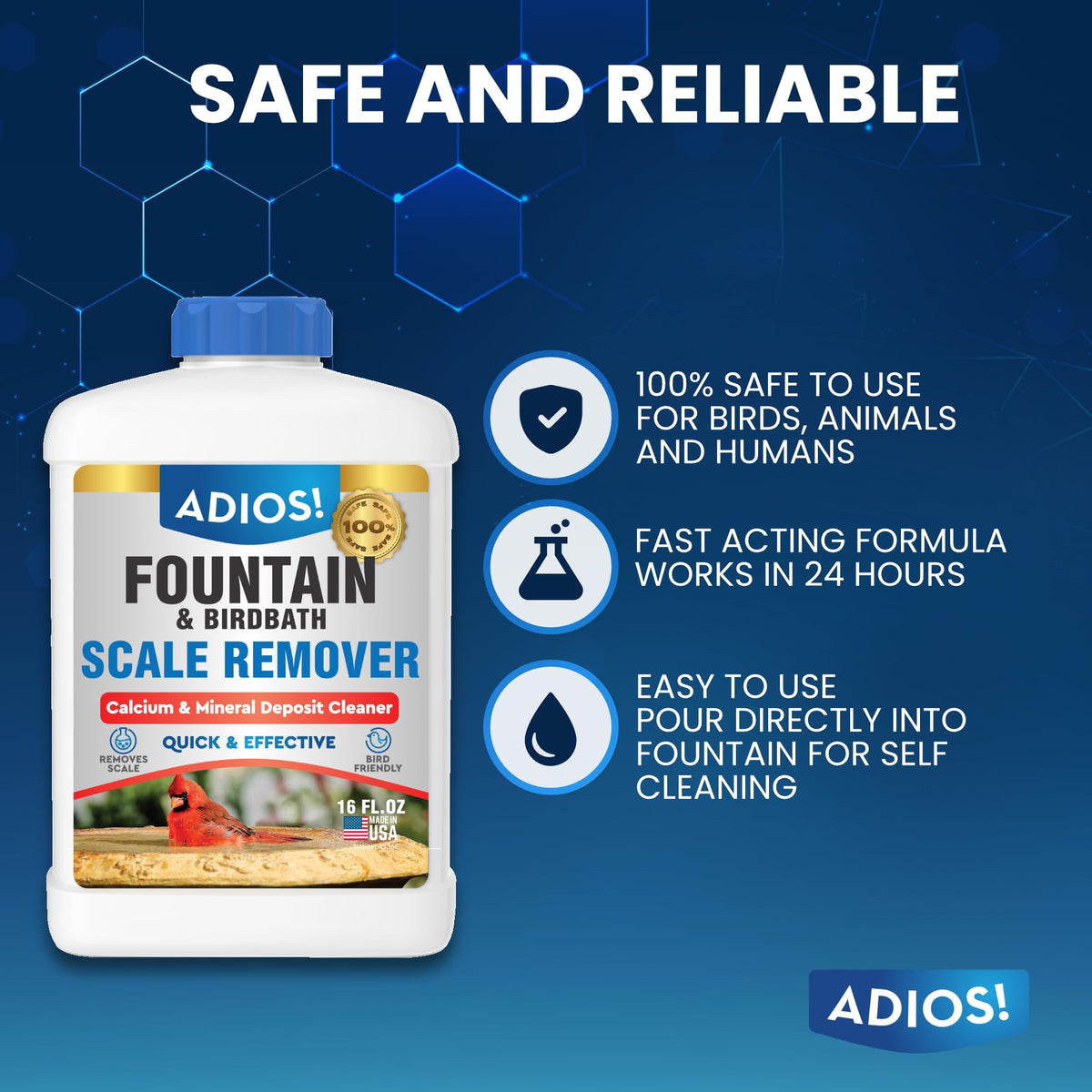 ADIOS! Fountain scale remover used on stone and glass surfaces without staining