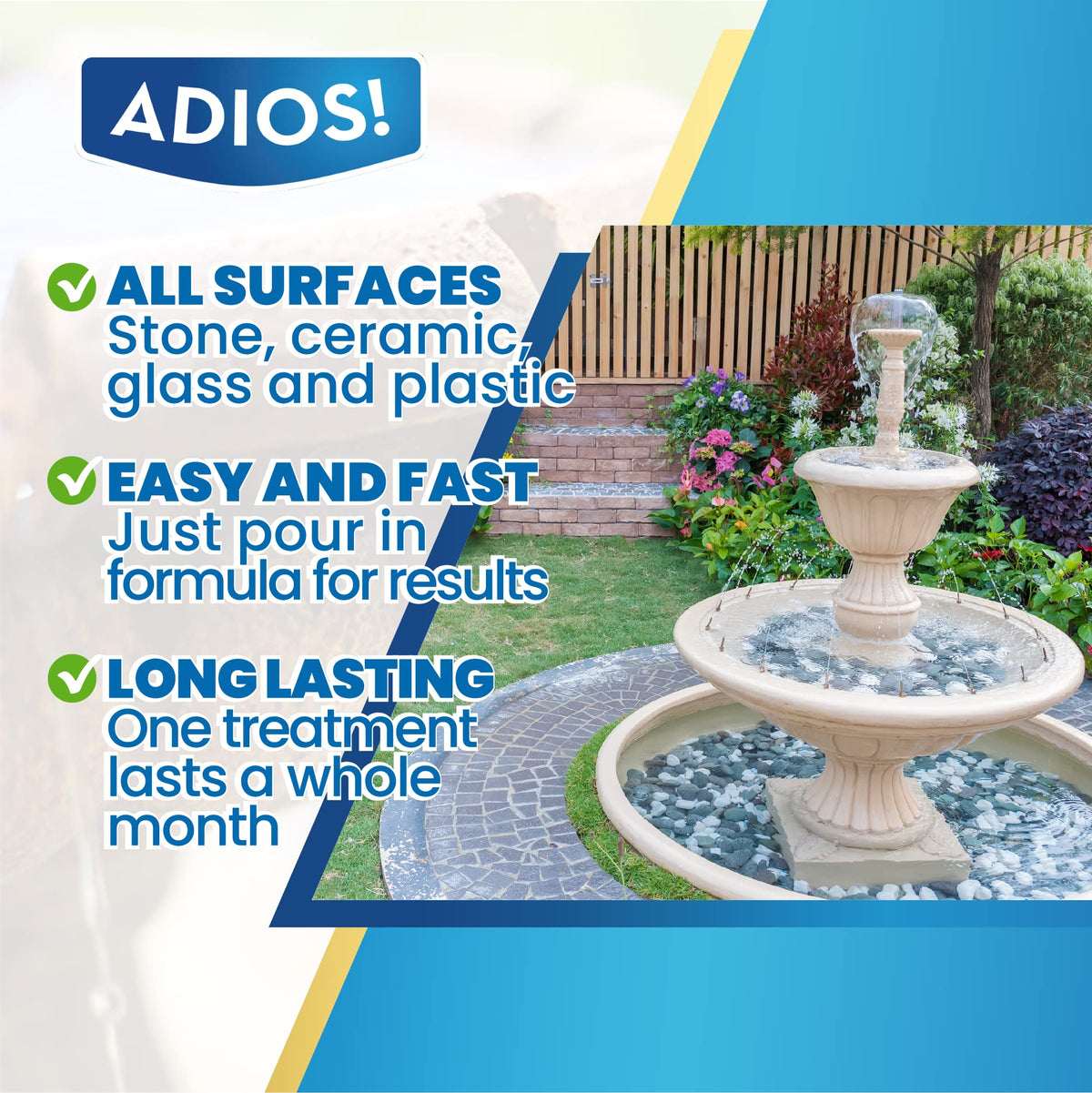 ADIOS Fountain Cleaner water appears clearer after treatment