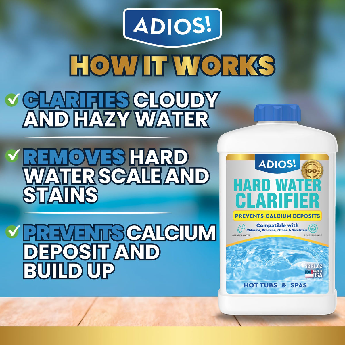 ADIOS hard water clarifier used in spa water to enhance clarity