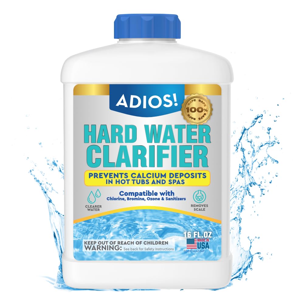ADIOS! hot tub calcium remover bottle ready for easy dosing and maintenance.