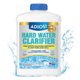 ADIOS! hot tub calcium remover bottle ready for easy dosing and maintenance.