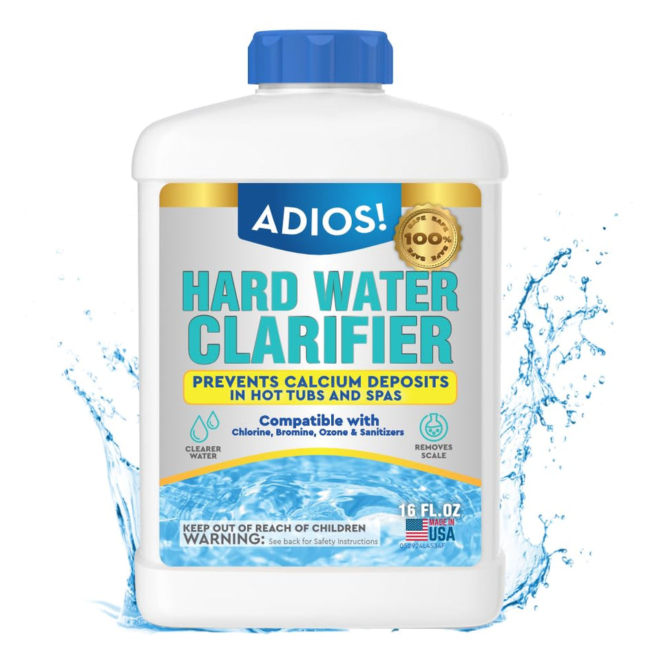 ADIOS! hot tub calcium remover bottle ready for easy dosing and maintenance.