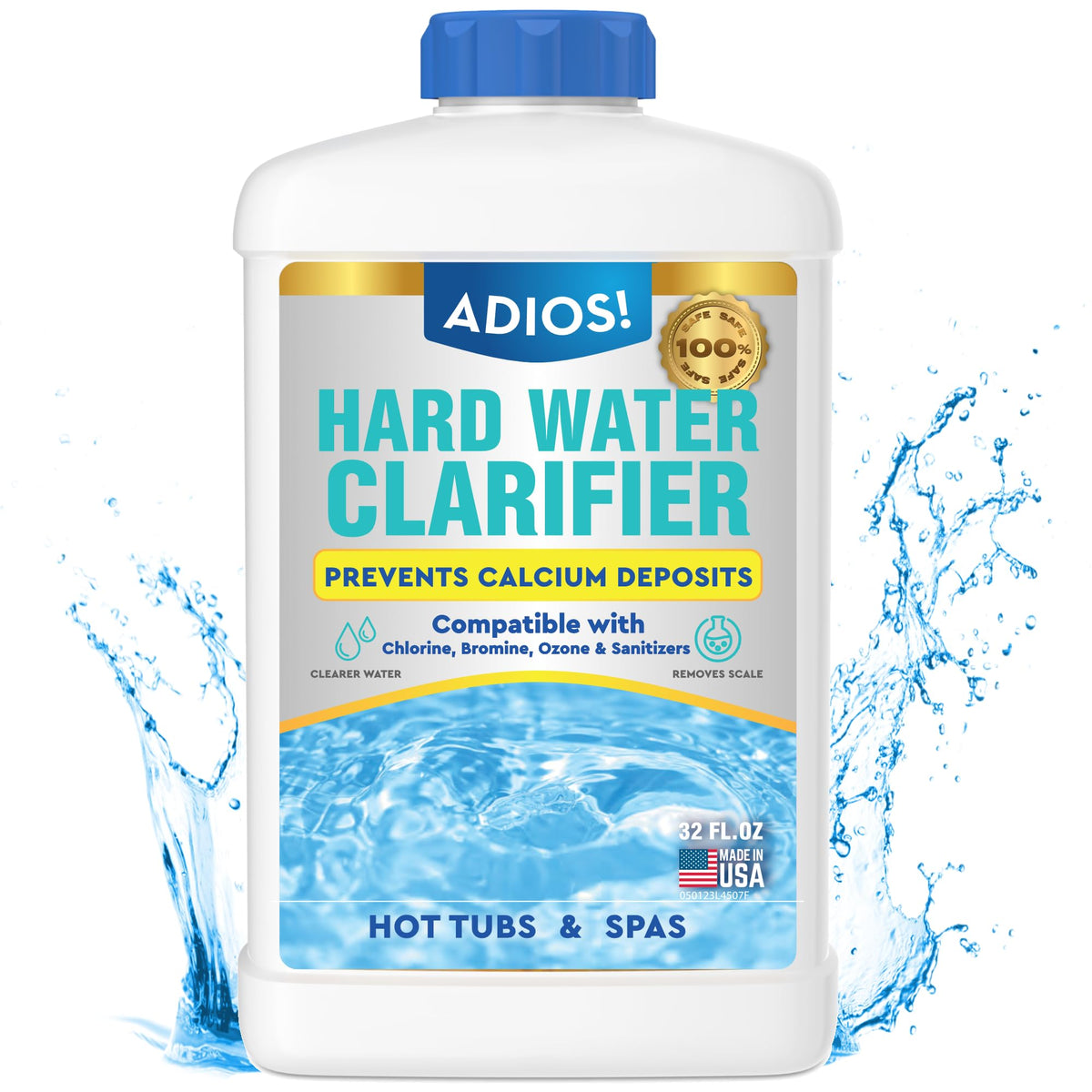 ADIOS hot tub calcium remover bottle improves water clarity