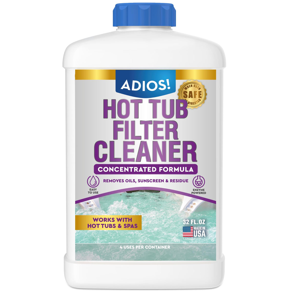 ADIOS! hot tub filter cleaner bottle pour demonstrates simple deep cleaning action