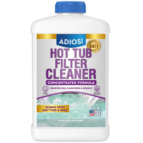 ADIOS! hot tub filter cleaner bottle pour demonstrates simple deep cleaning action