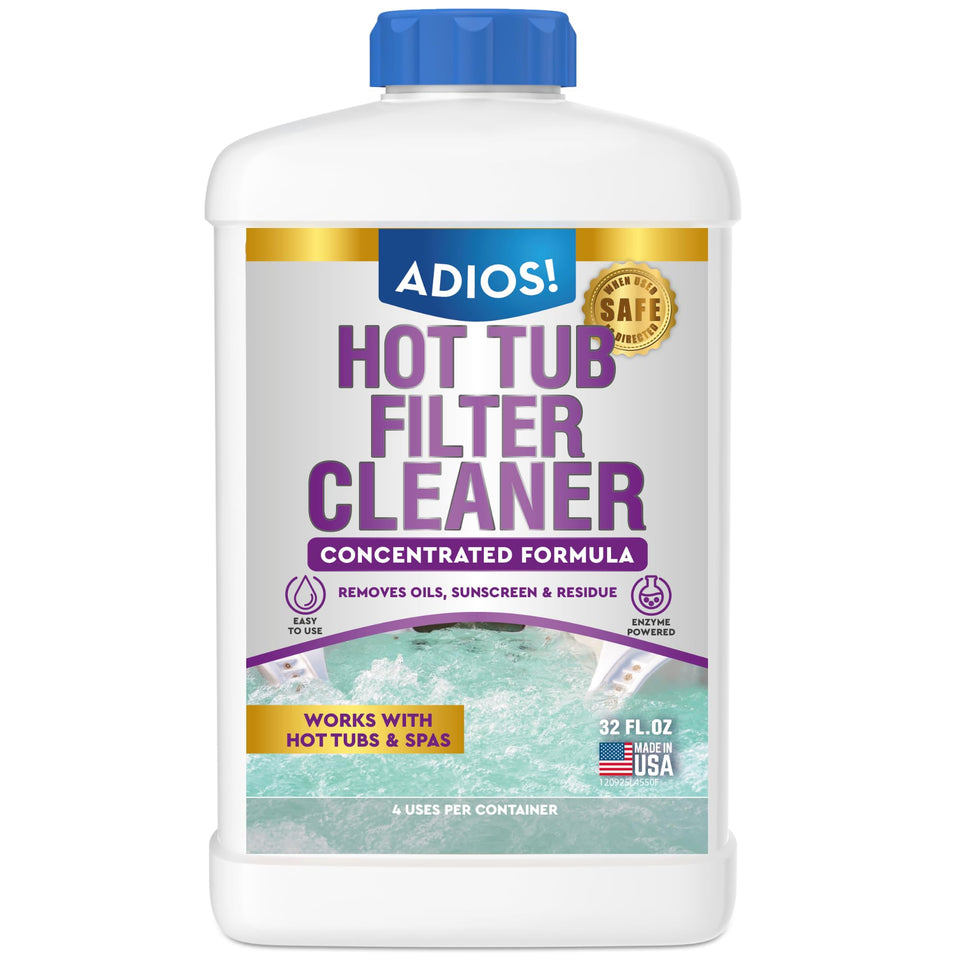 ADIOS! hot tub filter cleaner bottle pour demonstrates simple deep cleaning action