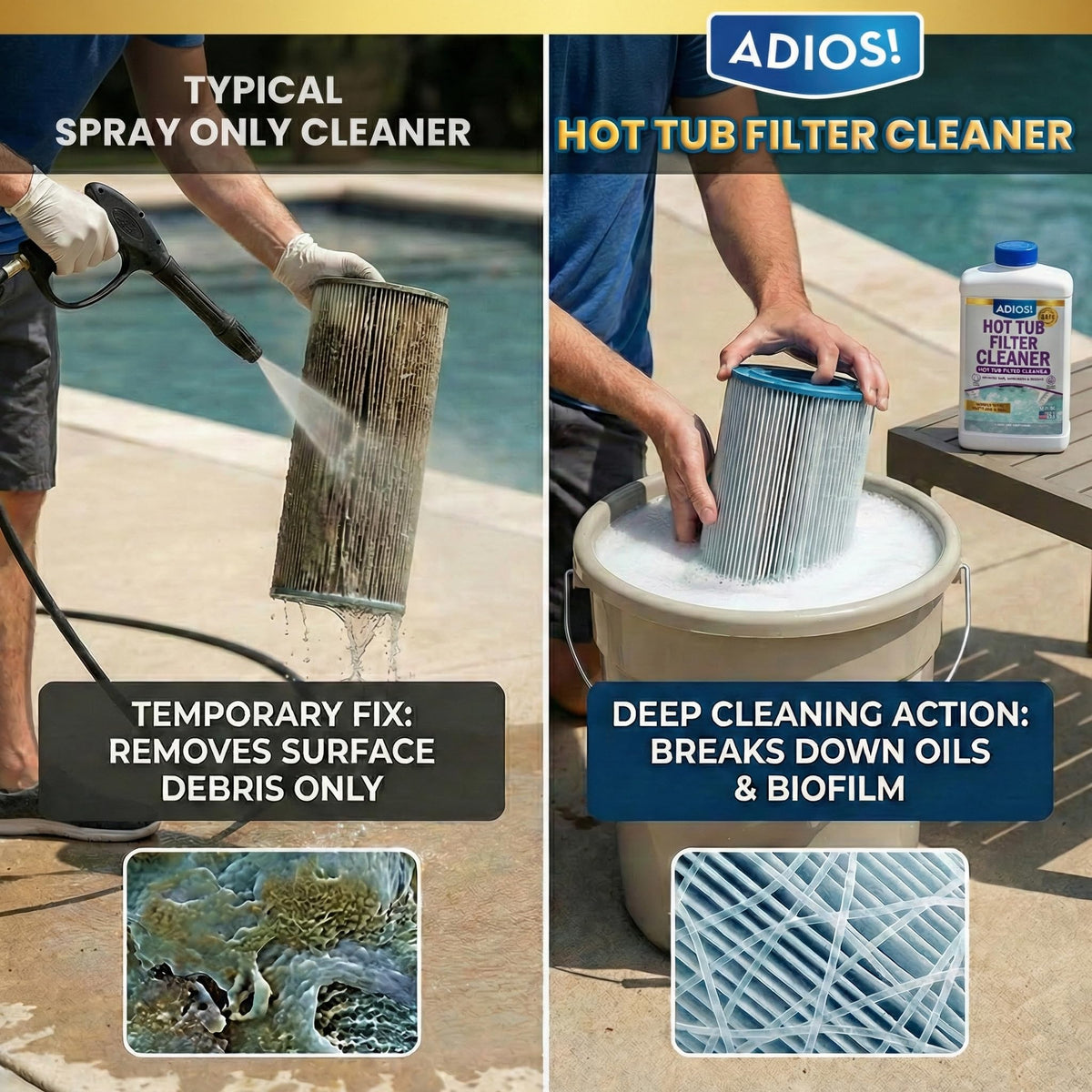 ADIOS! Spa Filter Cleaner easy-use application for quick maintenance