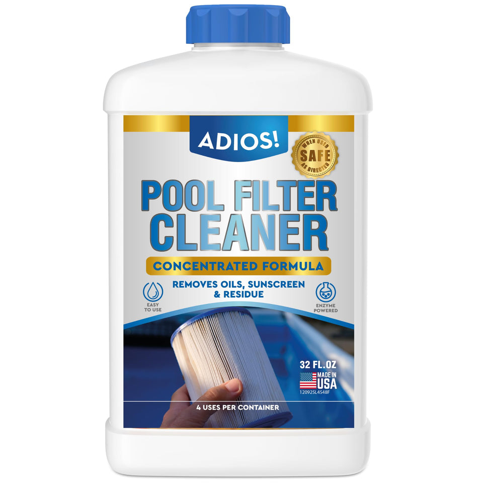 ADIOS! Pool Filter Cleaner bottle front highlights deep-clean power for filters