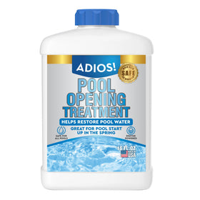 ADIOS! Pool Opening Treatment bottle front view highlighting enzyme power for cleaner water