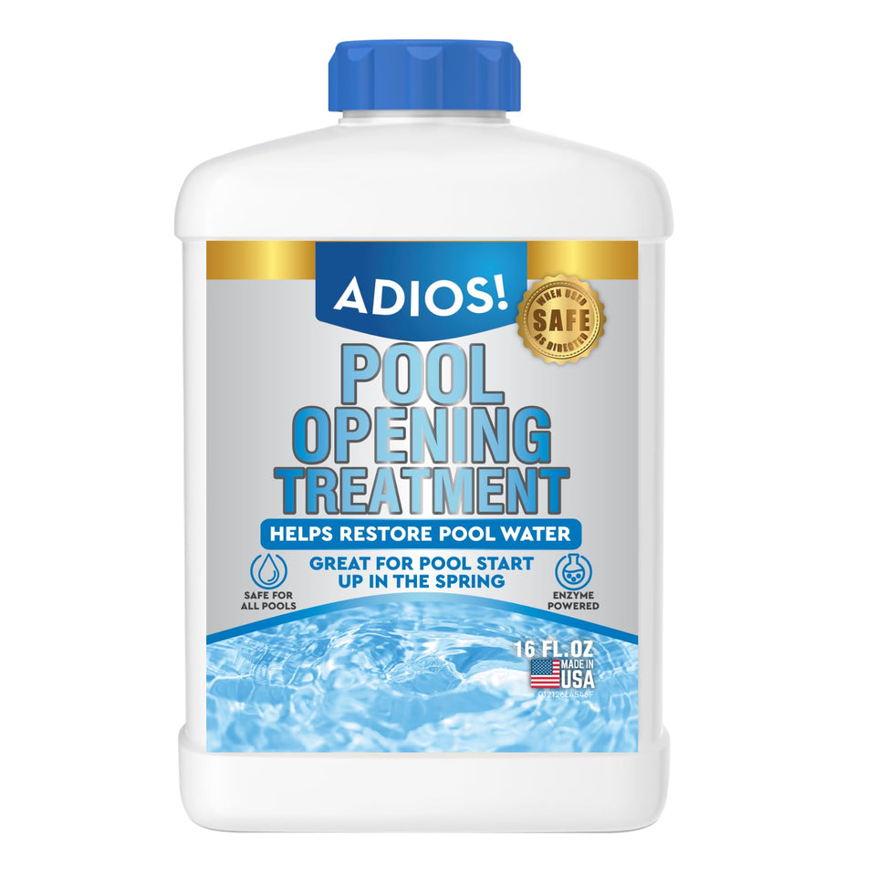 ADIOS! Pool Opening Treatment bottle front view highlighting enzyme power for cleaner water