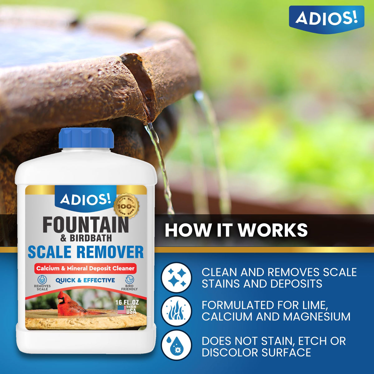 ADIOS! Scale Remover shown applying to a fountain surface to prevent mineral buildup