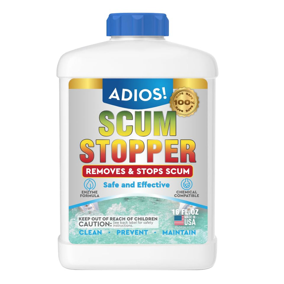 ADIOS Spa Scum Stopper bottle beside a spa, reducing scum and odors for clearer water.