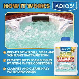 Close-up of the ADIOS! Scum Stopper label showing enzyme-based spa treatment.