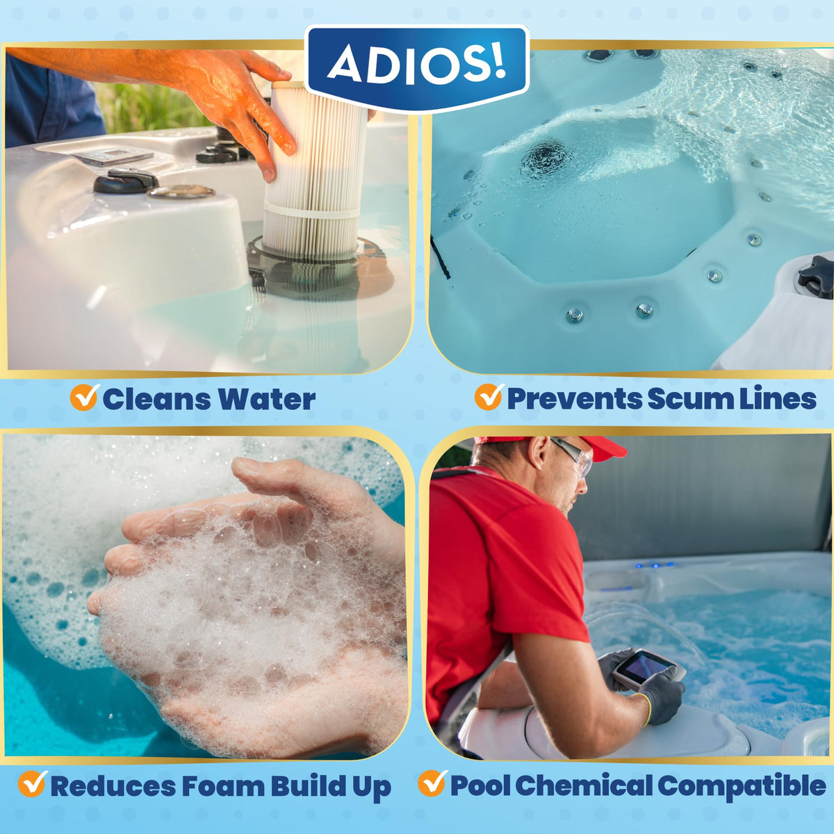 Gloved hand pours ADIOS Spa Scum Stopper into a hot tub for treatment.