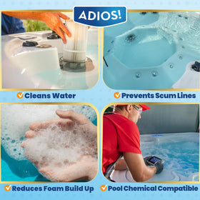 Gloved hand pours ADIOS Spa Scum Stopper into a hot tub for treatment.
