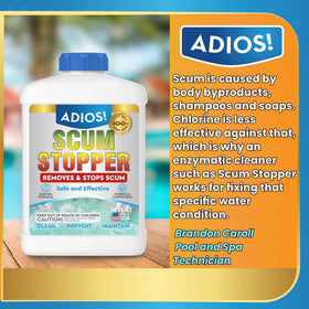 Water appears clearer with reduced foam after ADIOS Spa Scum Stopper treatment.