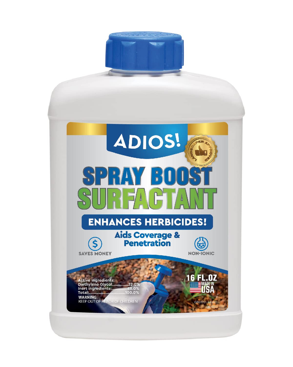ADIOS! Spray Boost bottle demonstrates a VOC-free formula for safe home and garden use.