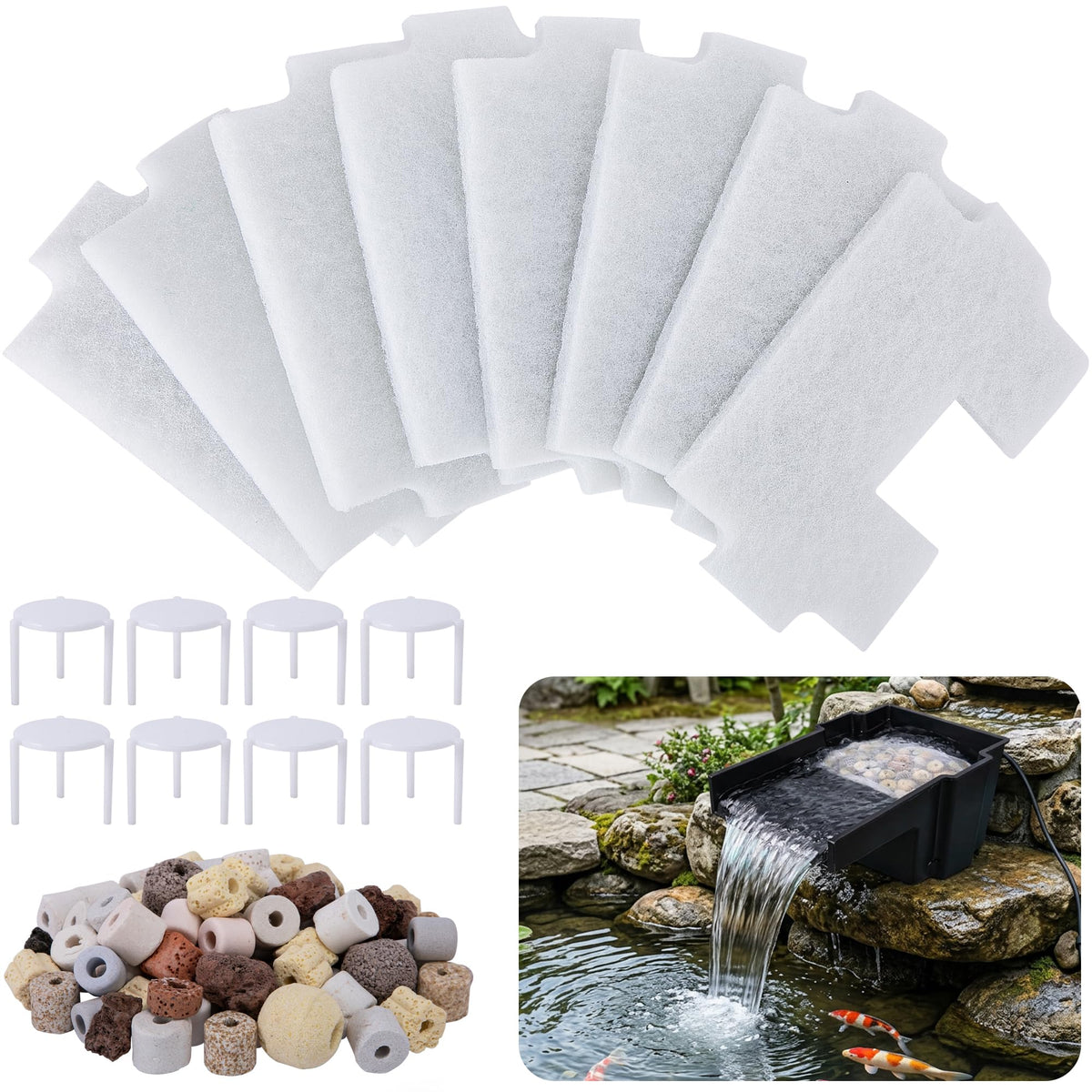 Adnee 17-pcs pond filter media kit with complete filtration components