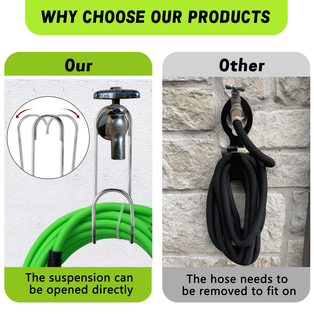Adnee faucet-mounted hose hook helps keep hoses tidy and kink-free.