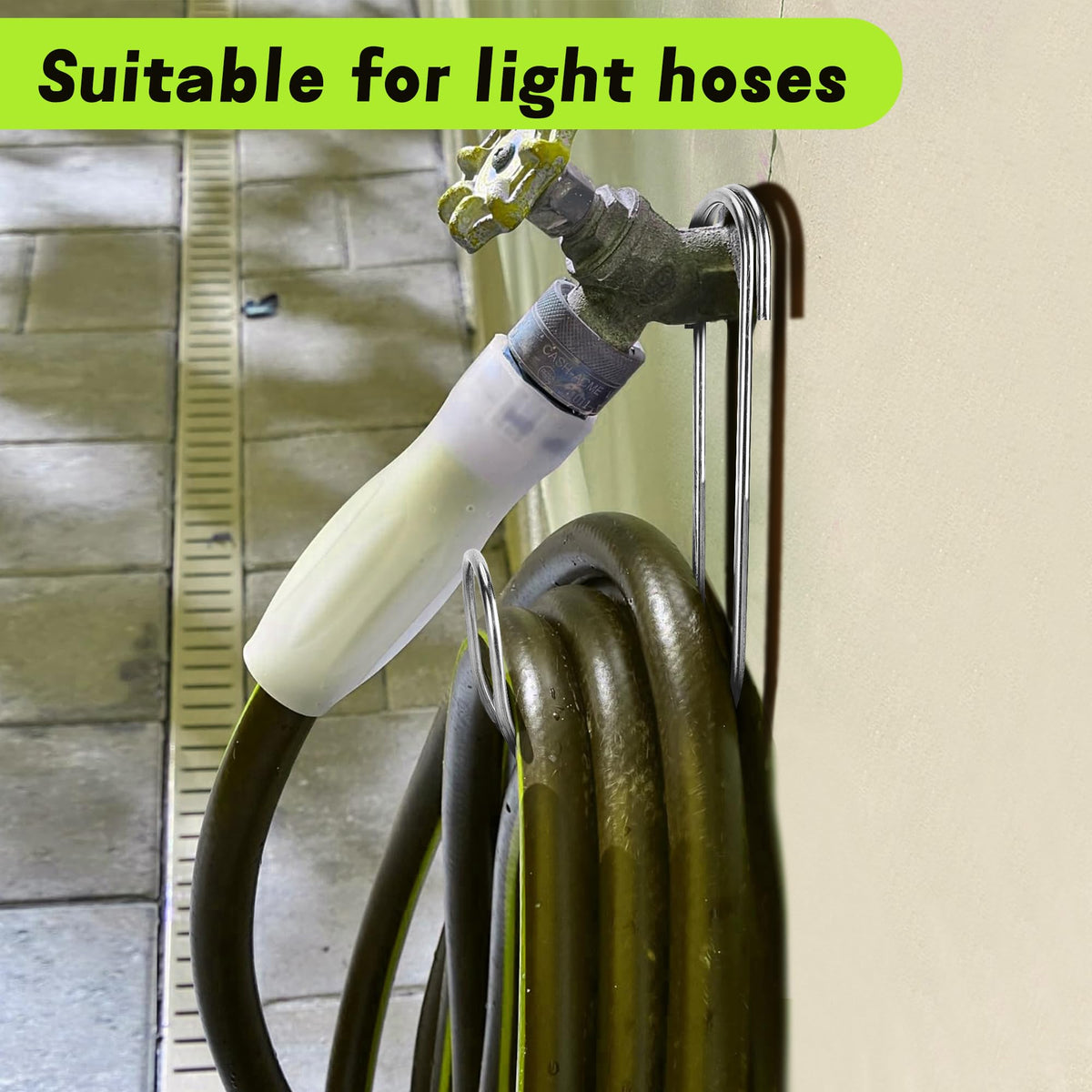 Adnee 44lbs capacity hose hanger safely holds hoses and small tools.