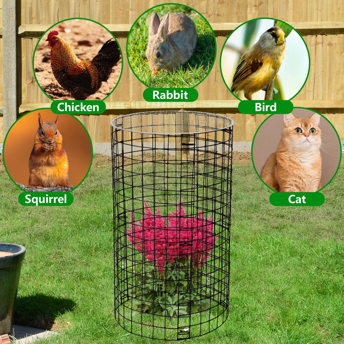Adnee plant cage set includes 24 panels and 30 ground stakes for full garden coverage.
