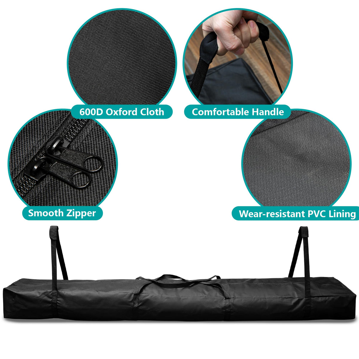 Adnee bag dual zipper system for quick access during setup.