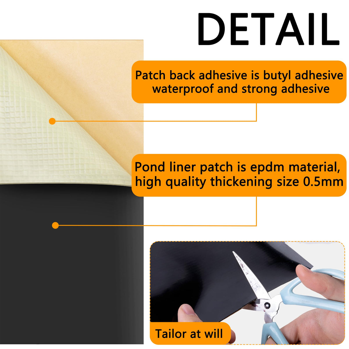 Adnee patch adheres securely on EPDM surfaces for durable pond liner sealing.