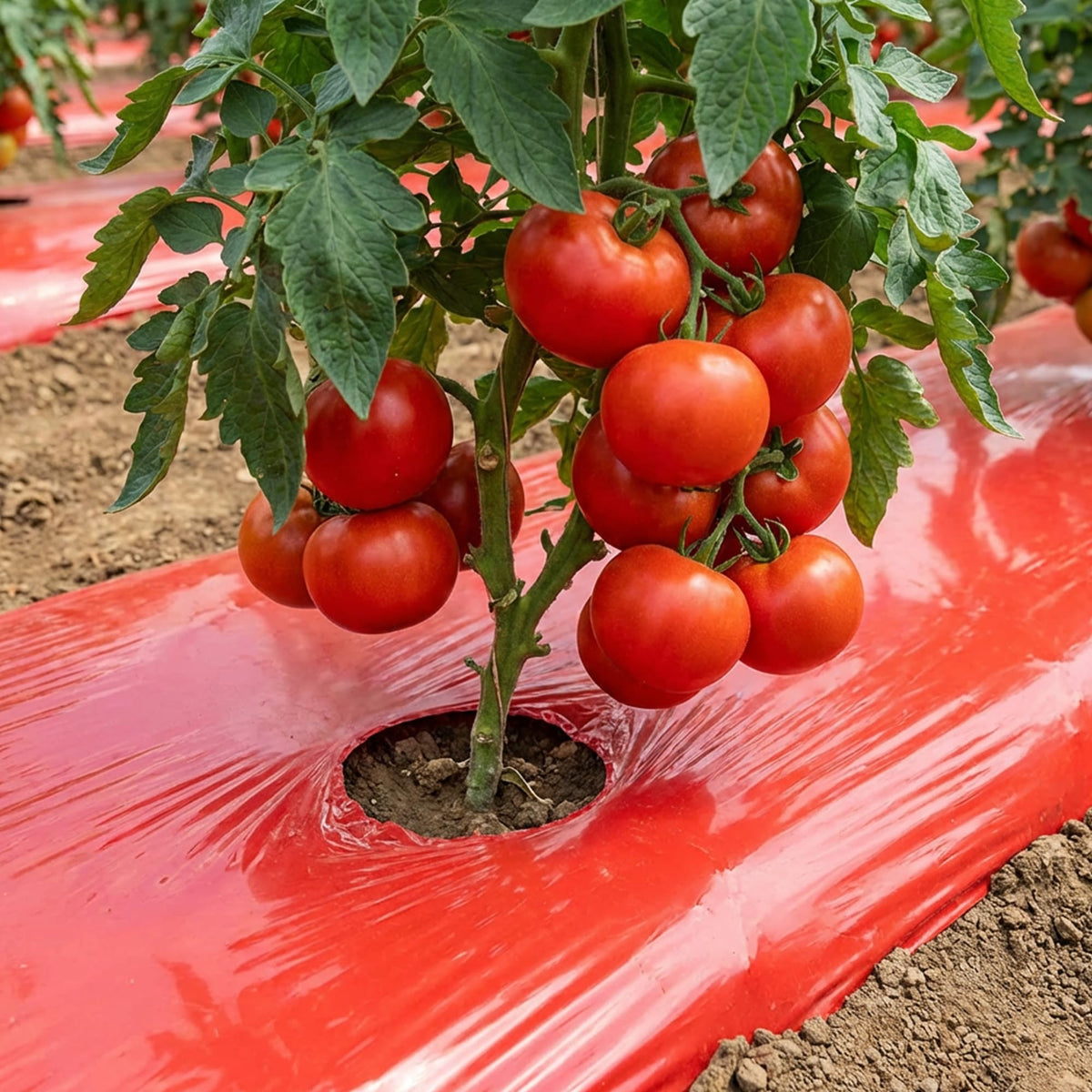 Adnee mulch protects strawberries and tomatoes during early season planting.