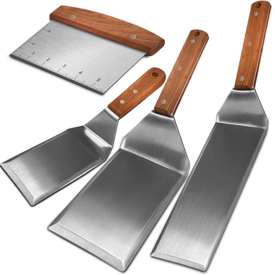 Adoco set of 4 stainless steel grill spatulas with full tang wooden handles for precise flipping.
