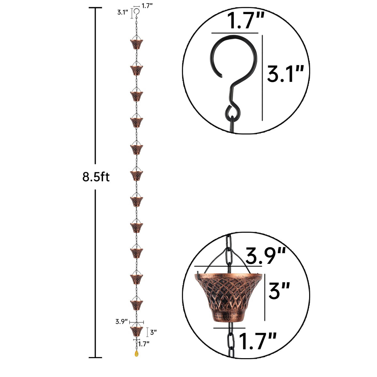 Adorafur copper rain chain viewed from the wall mount