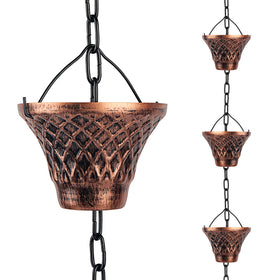 Adorafur rain chain with copper cups guiding water for exterior gutters