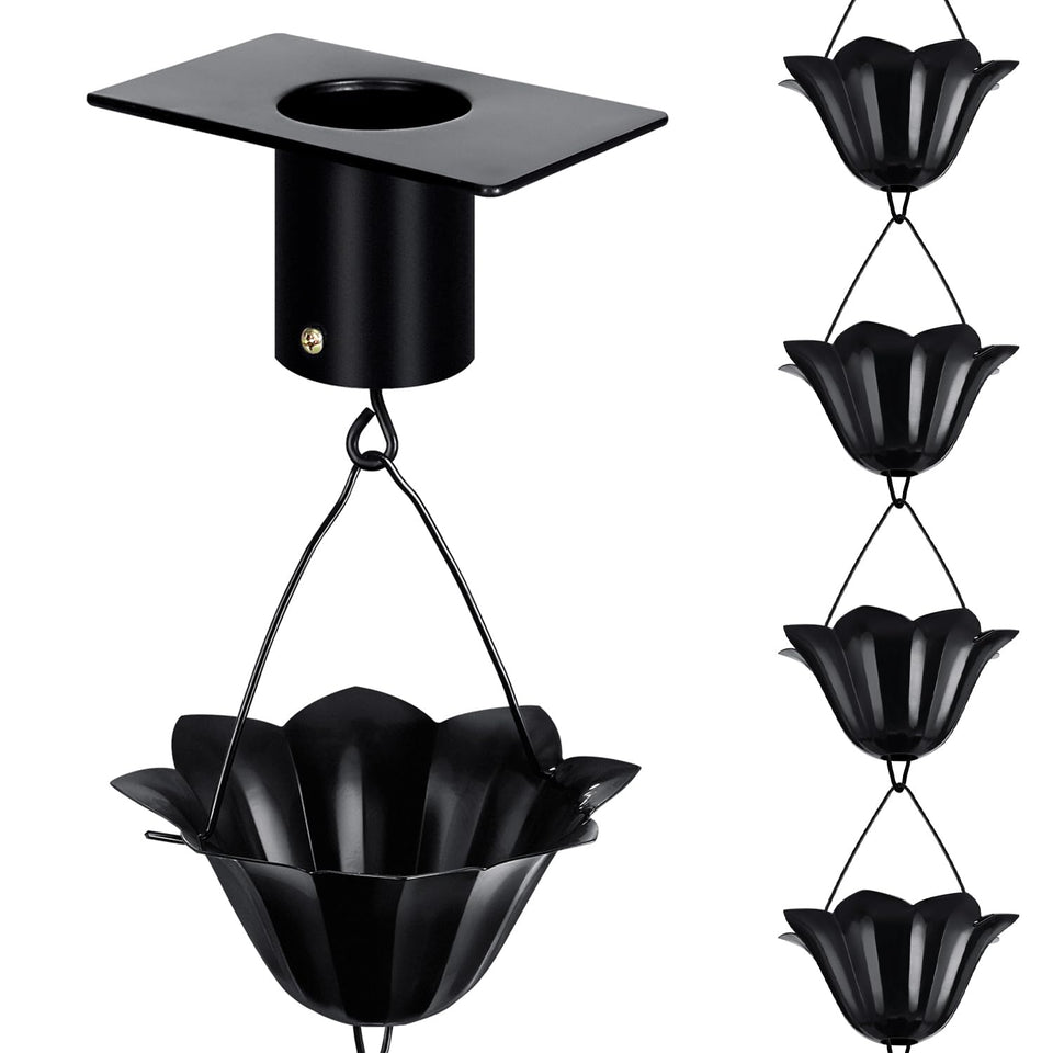 Adorafur rain chains display black flower cups along decorative gutter for curb appeal