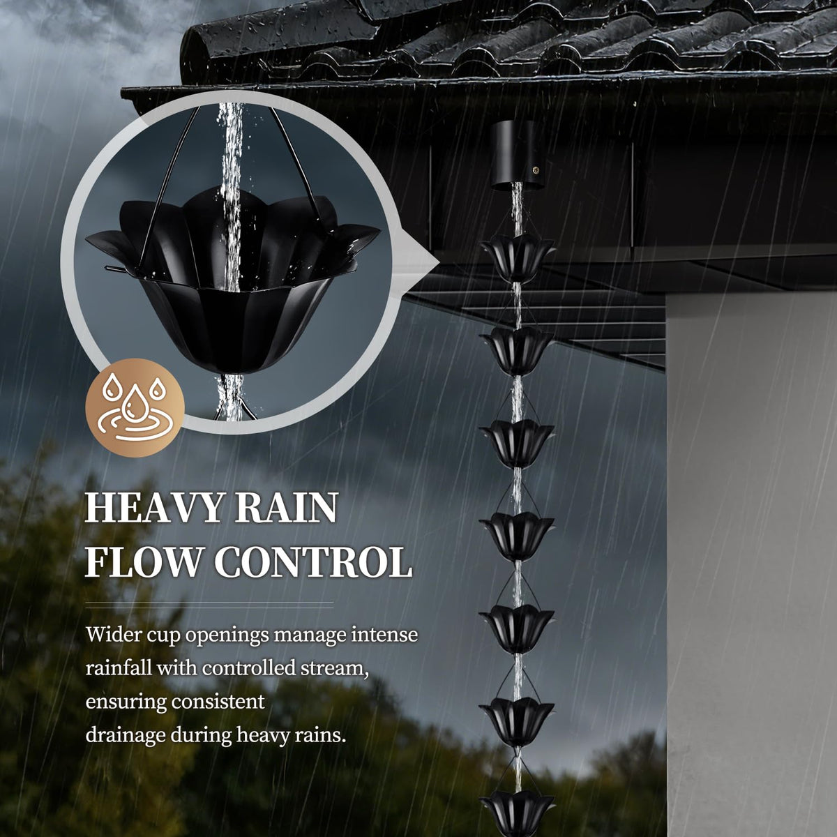 Water cascades down Adorafur rain chains creating a tranquil feature
