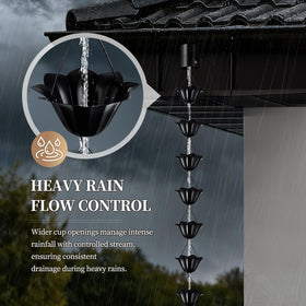 Water cascades down Adorafur rain chains creating a tranquil feature