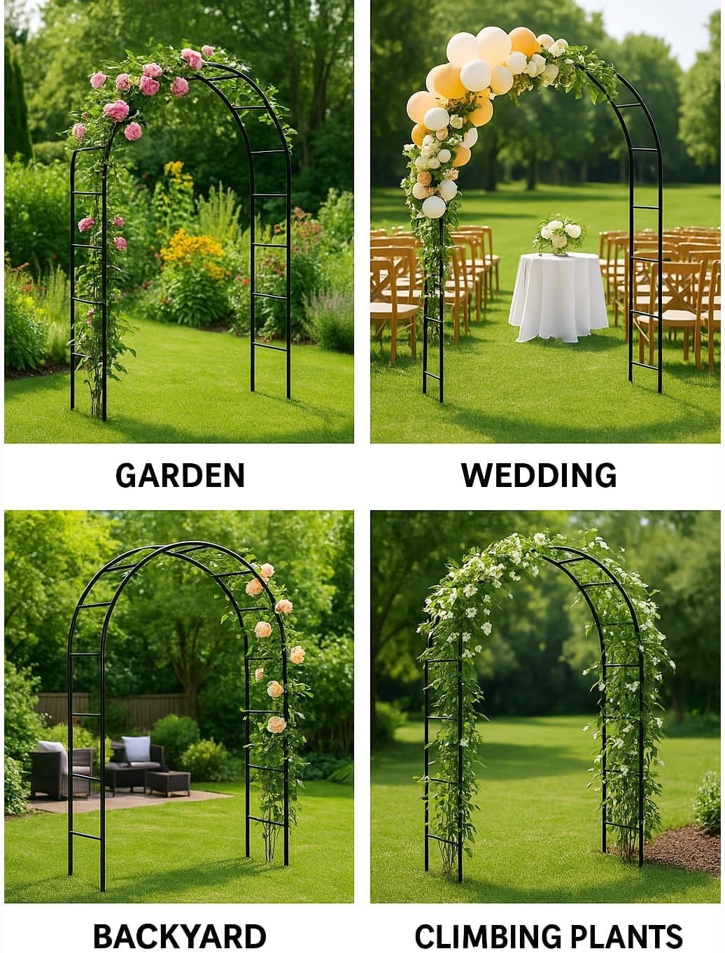 Adorox metal arch frame highlights durable, powder-coated steel design.