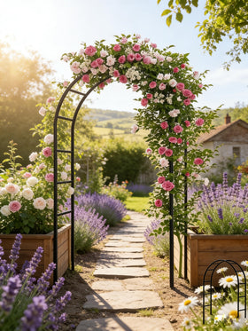 Adorox Rose-and-vine friendly arch enhances garden aesthetics.