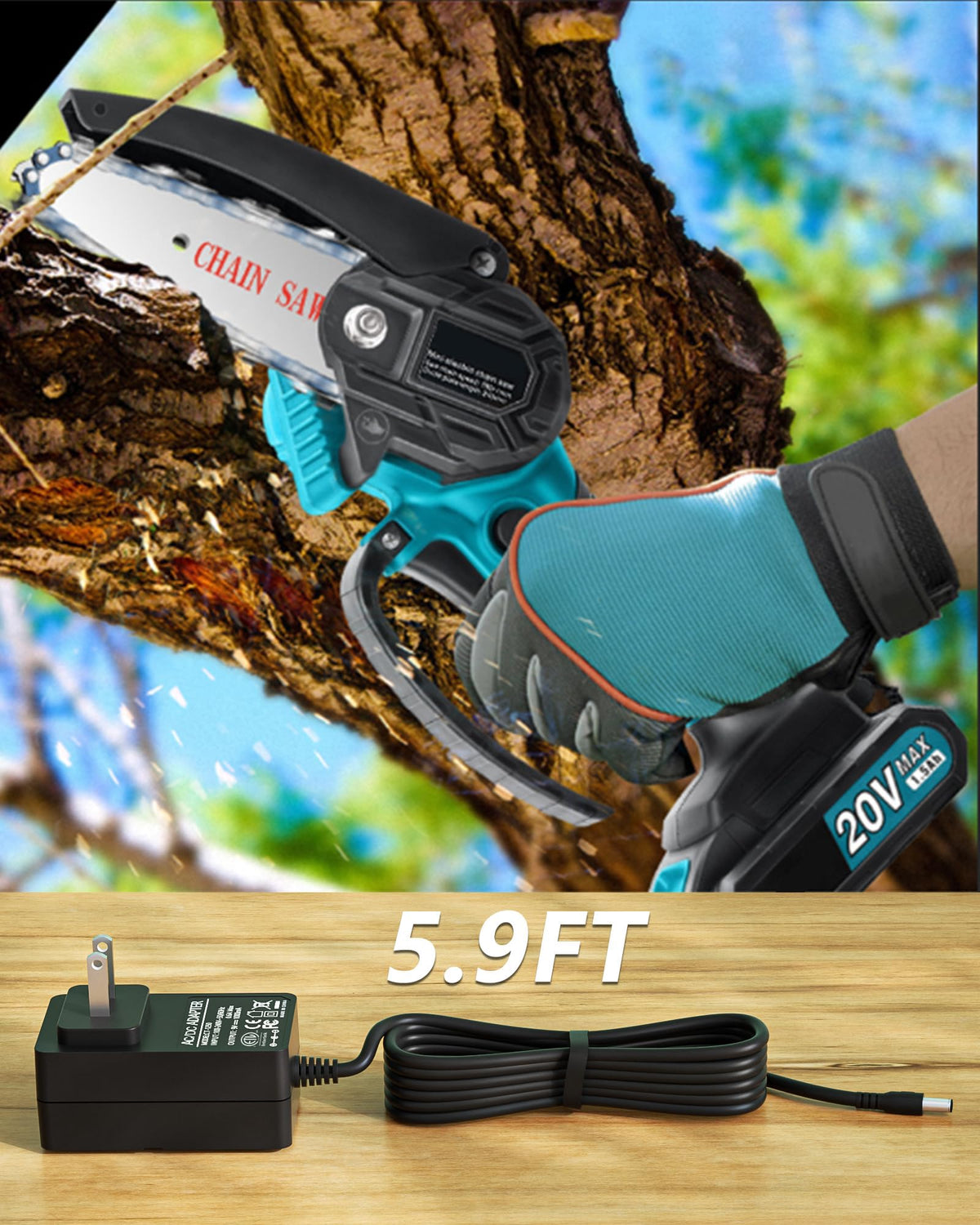 ADRICY Saker Mini Chainsaw Charger in use, delivering reliable power during yard work.