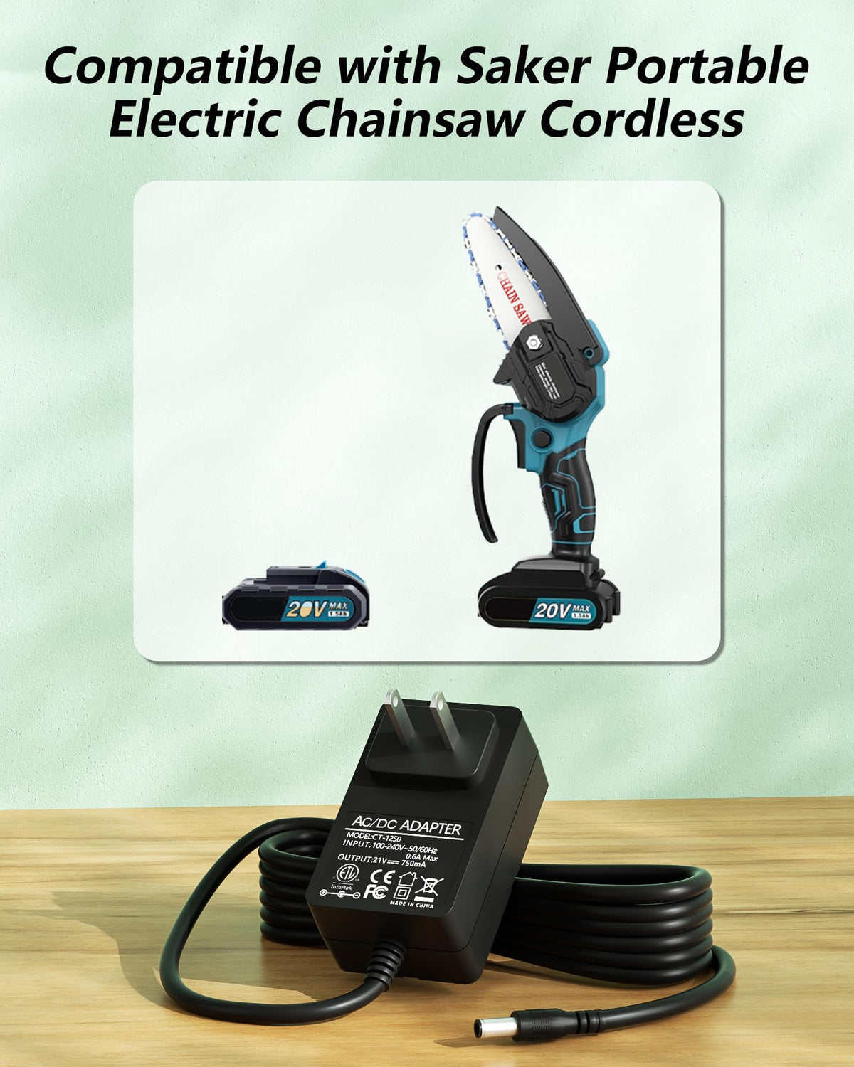 ADRICY Saker Mini Chainsaw Charger side panel, showing 6-inch compatibility and easy plug-in.